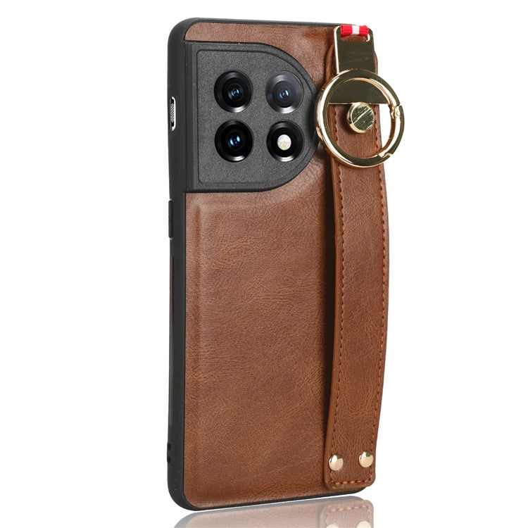 Wristband Kickstand Phone Cover for OnePlus 11 5G , Leather Coated PC+TPU Case with Neck Strap - Brown