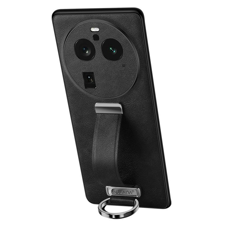 SULADA Fashion Series for Oppo Find X6 Pro Leather Coated PC + TPU Anti-drop Cover Hand Strap Kickstand Crazy Horse Texture Phone Case - Black