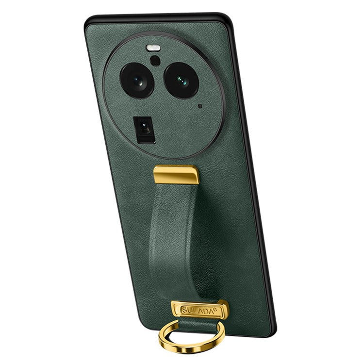 SULADA Fashion Series for Oppo Find X6 Pro Leather Coated PC + TPU Anti-drop Cover Hand Strap Kickstand Crazy Horse Texture Phone Case - Green