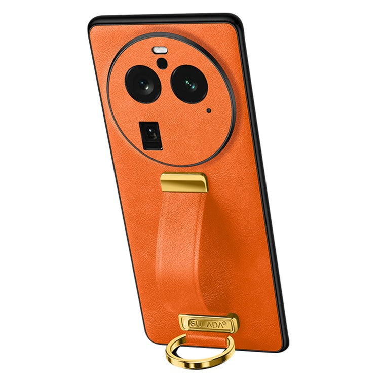 SULADA Fashion Series for Oppo Find X6 Pro Leather Coated PC + TPU Anti-drop Cover Hand Strap Kickstand Crazy Horse Texture Phone Case - Orange