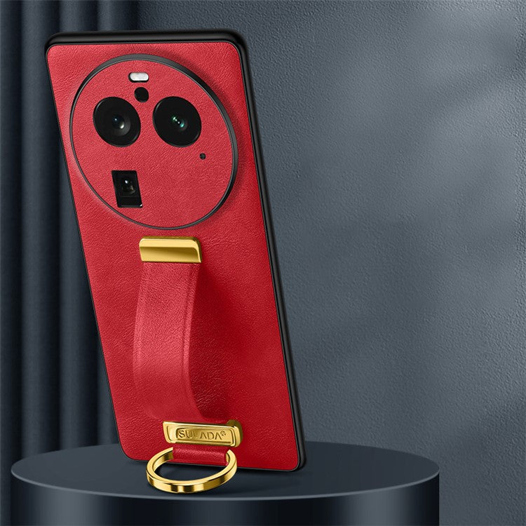 SULADA Fashion Series for Oppo Find X6 Pro Leather Coated PC + TPU Anti-drop Cover Hand Strap Kickstand Crazy Horse Texture Phone Case - Red