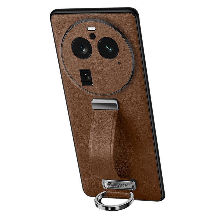 SULADA Fashion Series for Oppo Find X6 Pro Leather Coated PC + TPU Anti-drop Cover Hand Strap Kickstand Crazy Horse Texture Phone Case - Brown