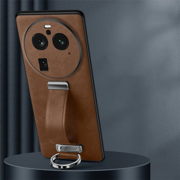 SULADA Fashion Series for Oppo Find X6 Pro Leather Coated PC + TPU Anti-drop Cover Hand Strap Kickstand Crazy Horse Texture Phone Case - Brown