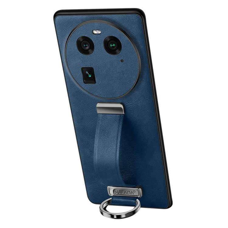 SULADA Fashion Series for Oppo Find X6 Crazy Horse Texture Leather Coated Back Cover PC + TPU Phone Case with Retractable Strap Kickstand - Blue