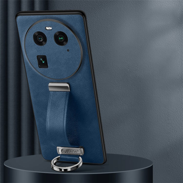 SULADA Fashion Series for Oppo Find X6 Crazy Horse Texture Leather Coated Back Cover PC + TPU Phone Case with Retractable Strap Kickstand - Blue