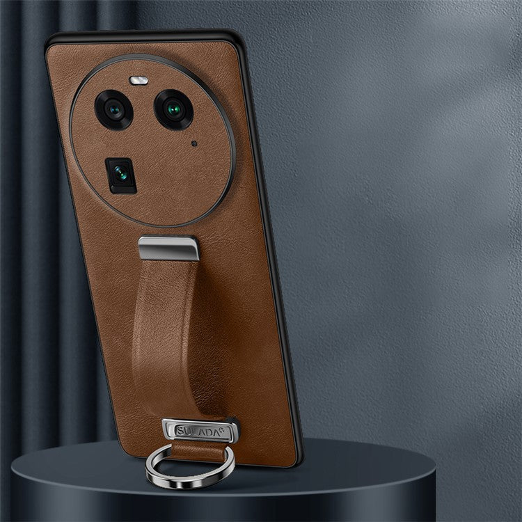 SULADA Fashion Series for Oppo Find X6 Crazy Horse Texture Leather Coated Back Cover PC + TPU Phone Case with Retractable Strap Kickstand - Brown