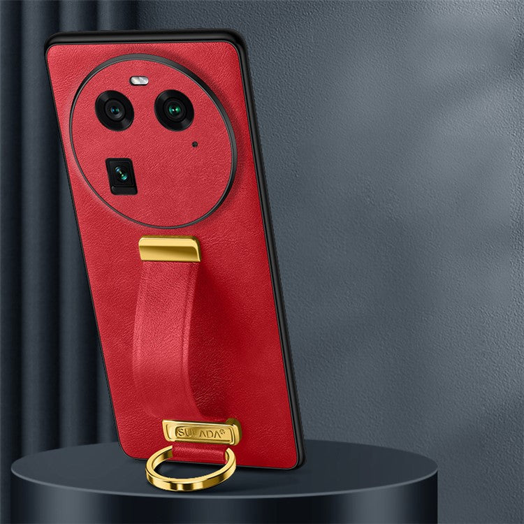 SULADA Fashion Series for Oppo Find X6 Crazy Horse Texture Leather Coated Back Cover PC + TPU Phone Case with Retractable Strap Kickstand - Red