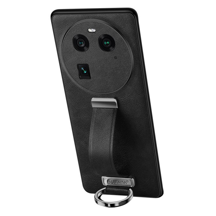 SULADA Fashion Series for Oppo Find X6 Crazy Horse Texture Leather Coated Back Cover PC + TPU Phone Case with Retractable Strap Kickstand - Black