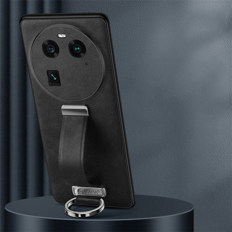 SULADA Fashion Series for Oppo Find X6 Crazy Horse Texture Leather Coated Back Cover PC + TPU Phone Case with Retractable Strap Kickstand - Black