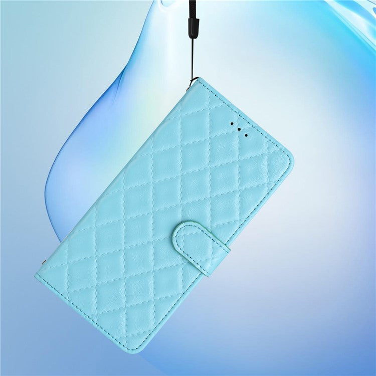 For Samsung Galaxy S22 Ultra 5G Cell Phone Case Stitching Line Rhombus PU Leather+TPU Wallet Stand Phone Cover - Sky Blue