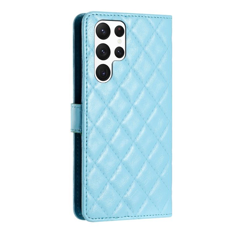 For Samsung Galaxy S22 Ultra 5G Cell Phone Case Stitching Line Rhombus PU Leather+TPU Wallet Stand Phone Cover - Sky Blue