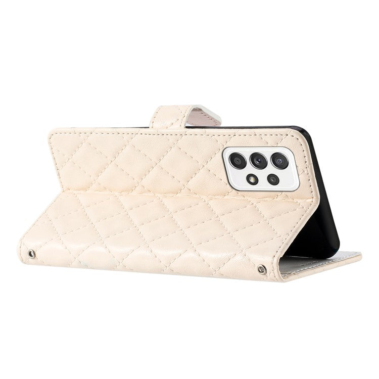 For Samsung Galaxy A52 4G / A52s 5G / A52 5G Stitching Line Rhombus Cell Phone Cover PU Leather Wallet Shell Stand Phone Case - White