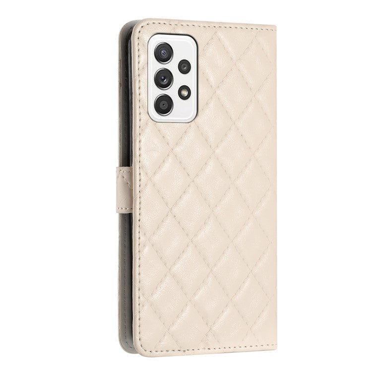 For Samsung Galaxy A52 4G / A52s 5G / A52 5G Stitching Line Rhombus Cell Phone Cover PU Leather Wallet Shell Stand Phone Case - White