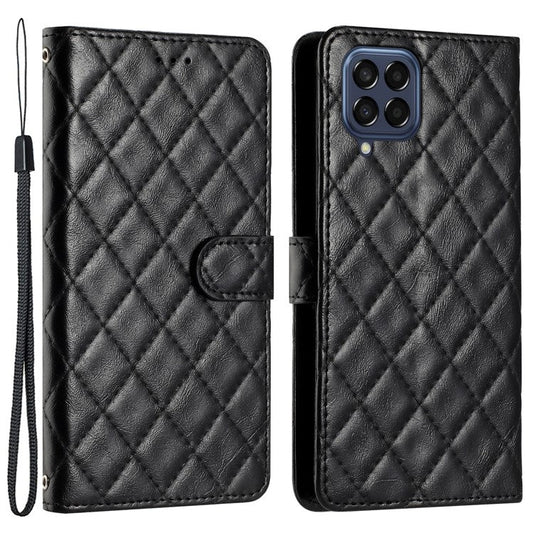 Leather Case for Samsung Galaxy M53 5G Stitching Line Rhombus Wallet Stand Phone Cover with Strap - Black