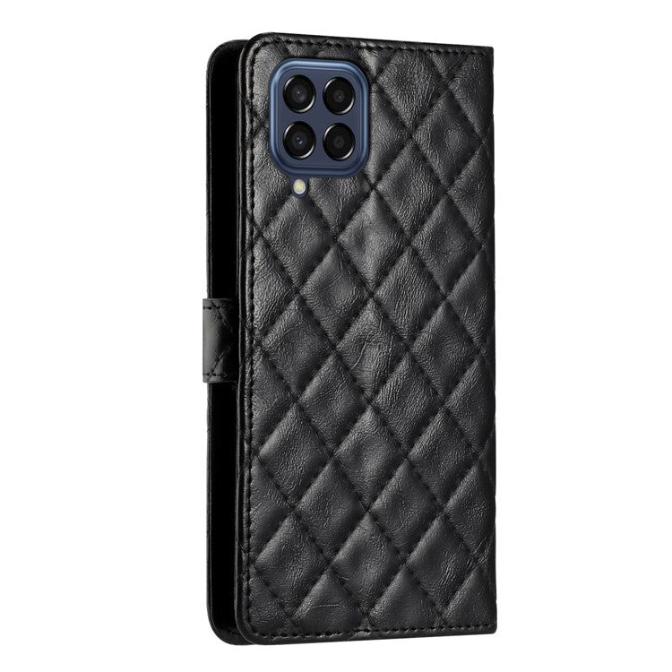 Leather Case for Samsung Galaxy M53 5G Stitching Line Rhombus Wallet Stand Phone Cover with Strap - Black