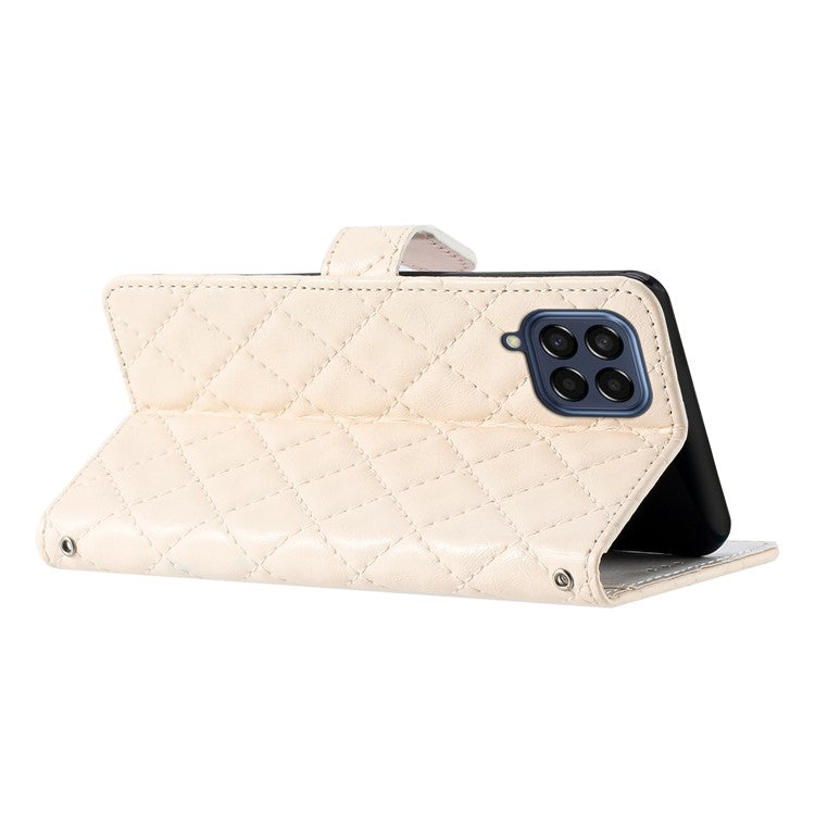 Leather Case for Samsung Galaxy M53 5G Stitching Line Rhombus Wallet Stand Phone Cover with Strap - White