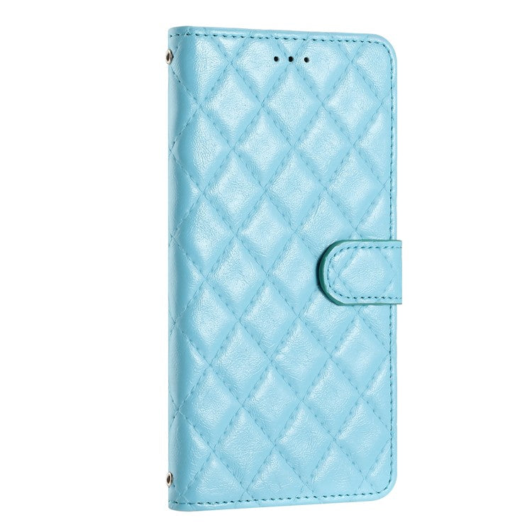Leather Case for Samsung Galaxy M53 5G Stitching Line Rhombus Wallet Stand Phone Cover with Strap - Sky Blue