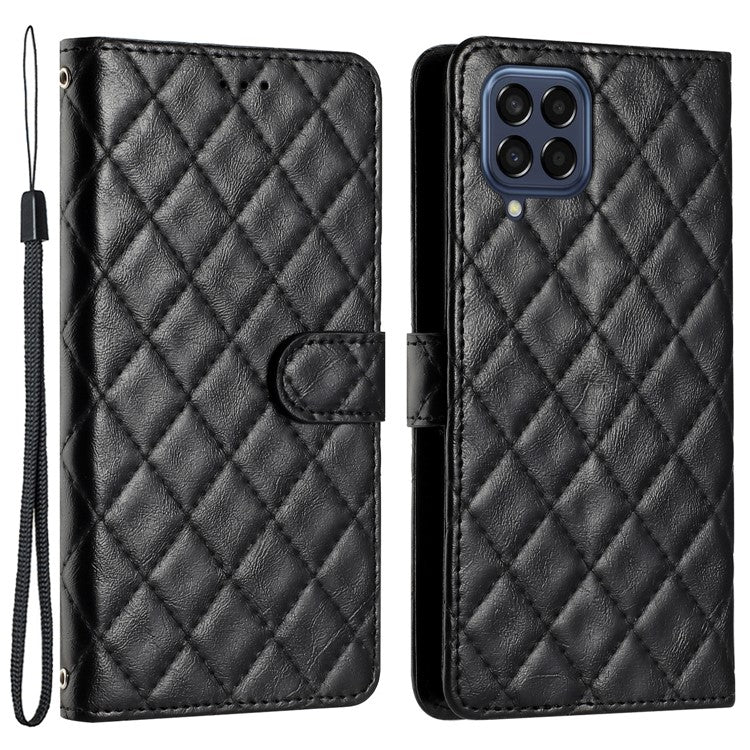 Leather Case for Samsung Galaxy M33 5G (Global Version) Stitching Line Rhombus Wallet Stand Phone Cover - Black