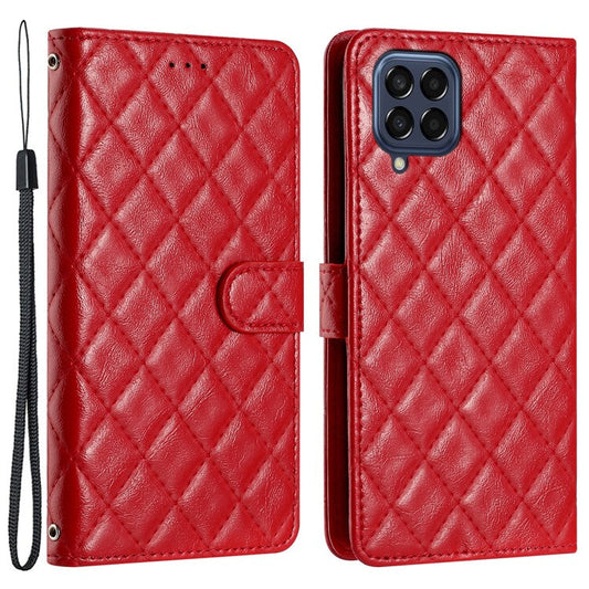 Leather Case for Samsung Galaxy M33 5G (Global Version) Stitching Line Rhombus Wallet Stand Phone Cover - Red