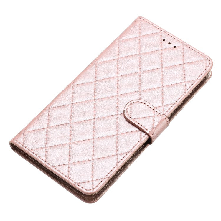 Leather Case for Samsung Galaxy M33 5G (Global Version) Stitching Line Rhombus Wallet Stand Phone Cover - Rose Gold