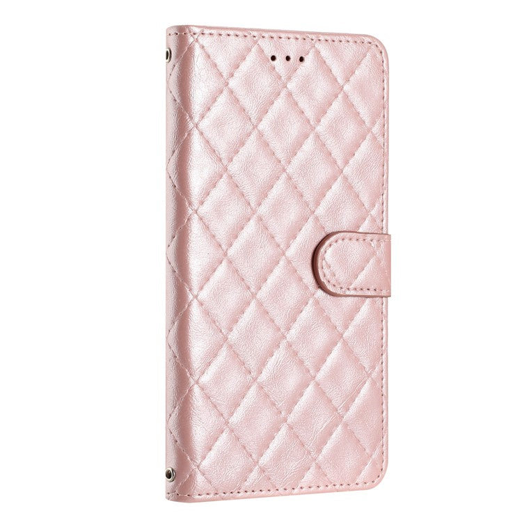 Leather Case for Samsung Galaxy M33 5G (Global Version) Stitching Line Rhombus Wallet Stand Phone Cover - Rose Gold