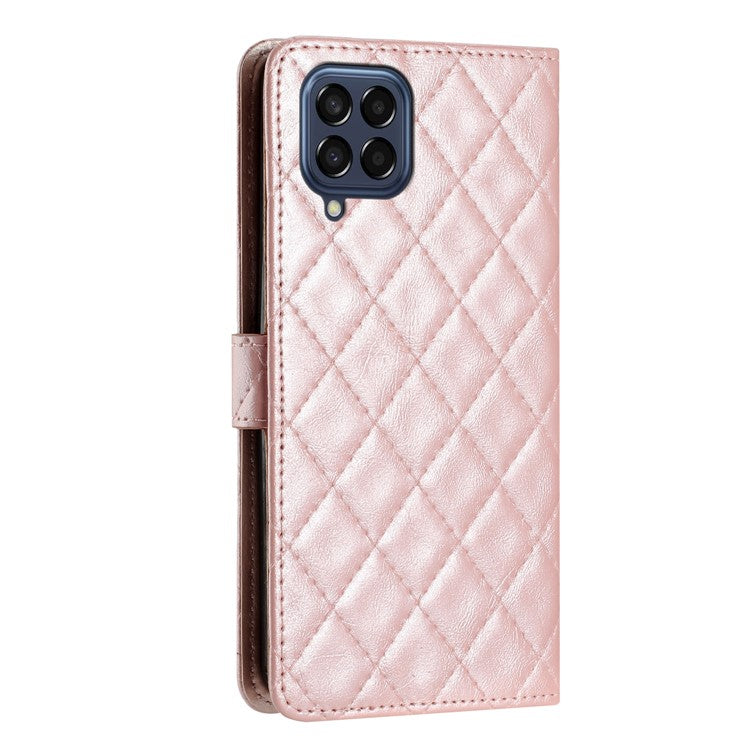 Leather Case for Samsung Galaxy M33 5G (Global Version) Stitching Line Rhombus Wallet Stand Phone Cover - Rose Gold
