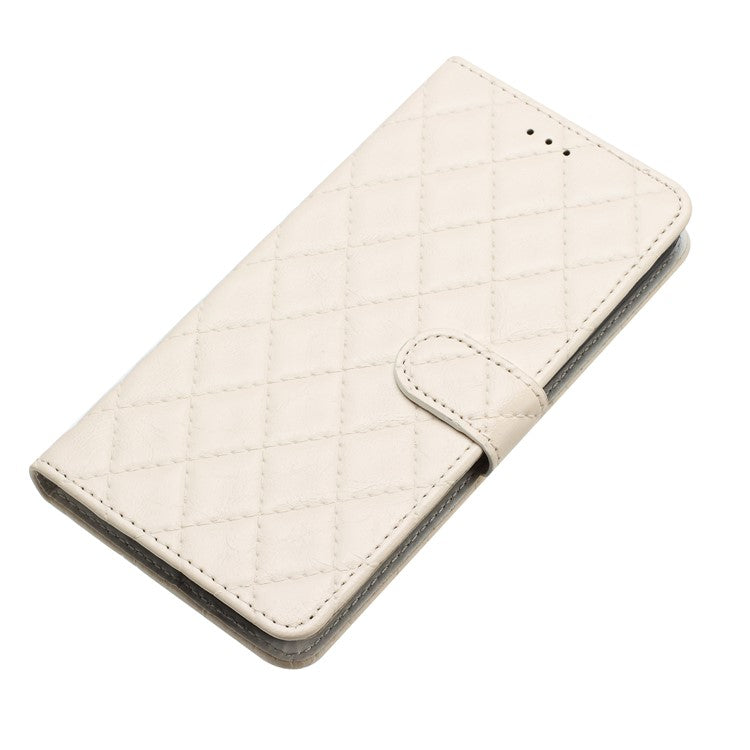 Leather Case for Samsung Galaxy M33 5G (Global Version) Stitching Line Rhombus Wallet Stand Phone Cover - White
