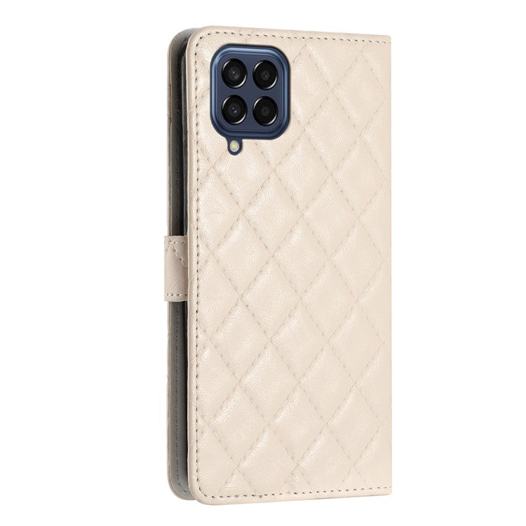 Leather Case for Samsung Galaxy M33 5G (Global Version) Stitching Line Rhombus Wallet Stand Phone Cover - White