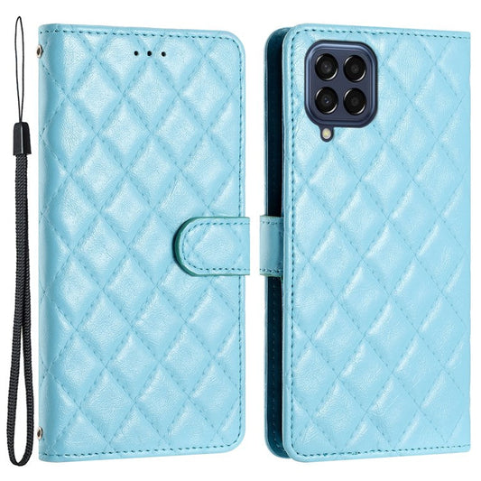 Leather Case for Samsung Galaxy M33 5G (Global Version) Stitching Line Rhombus Wallet Stand Phone Cover - Sky Blue