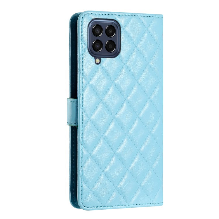 Leather Case for Samsung Galaxy M33 5G (Global Version) Stitching Line Rhombus Wallet Stand Phone Cover - Sky Blue