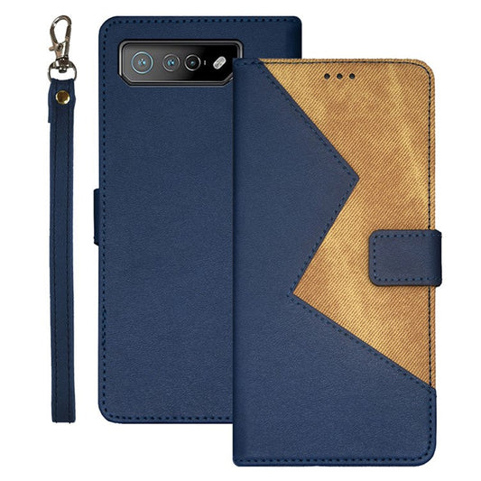 IDEWEI For Asus ROG Phone 7 5G Card Holder Phone Case PU Leather Stand Color Splicing Cover - Blue