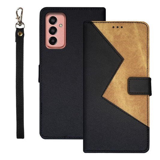 IDEWEI For Samsung Galaxy M13 4G Flip Phone Cover Splicing Style PU Leather Stand Case with Card Slots - Black