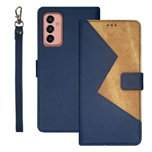 IDEWEI For Samsung Galaxy M13 4G Flip Phone Cover Splicing Style PU Leather Stand Case with Card Slots - Blue