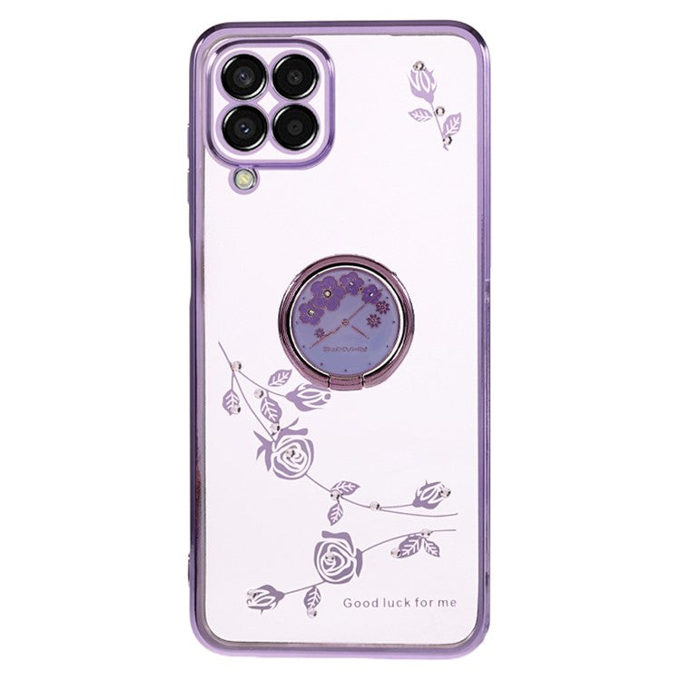 KADEM For Samsung Galaxy A42 5G Flower Pattern TPU Phone Case Electroplating Rhinestone Ring Kickstand Cover - Purple