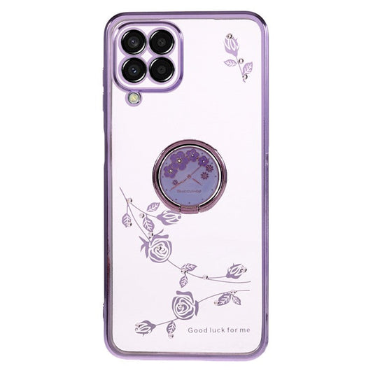 KADEM For Samsung Galaxy A42 5G Flower Pattern TPU Phone Case Electroplating Rhinestone Ring Kickstand Cover - Purple