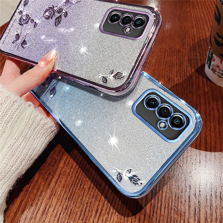 KADEM For Samsung Galaxy M52 5G Rhinestone Flower Design Phone Case Gradient Glitter TPU Anti-scratch Cover - Blue