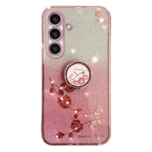 KADEM For Samsung Galaxy M52 5G Flower Pattern Back Cover Ring Kickstand Glitter Gradient TPU Phone Case - Rose Gold