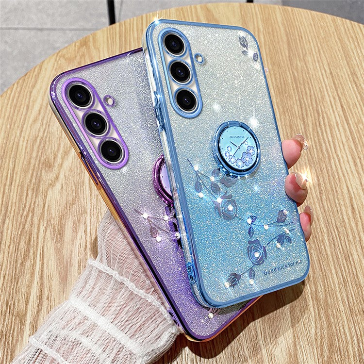 KADEM For Samsung Galaxy M52 5G Flower Pattern Back Cover Ring Kickstand Glitter Gradient TPU Phone Case - Rose Gold