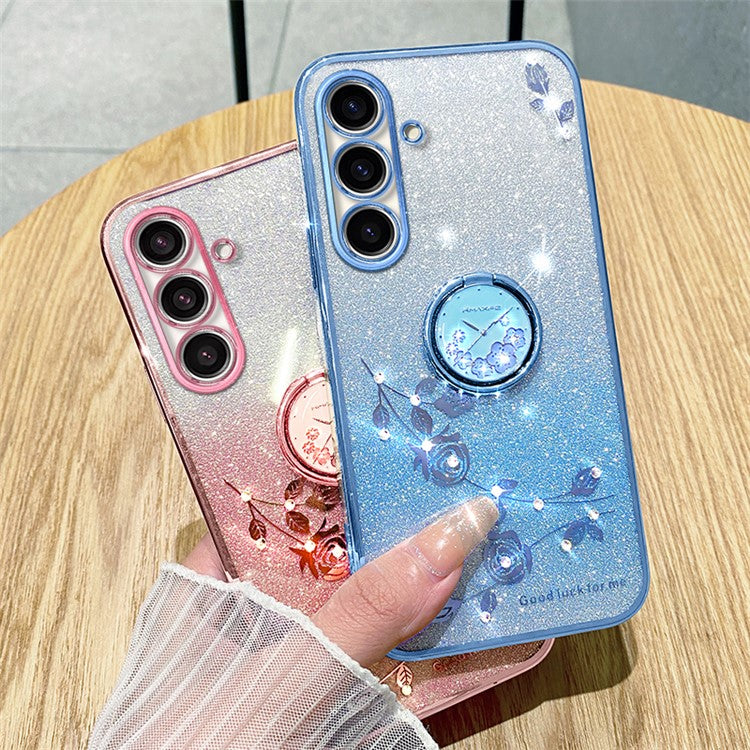 KADEM For Samsung Galaxy M52 5G Flower Pattern Back Cover Ring Kickstand Glitter Gradient TPU Phone Case - Rose Gold