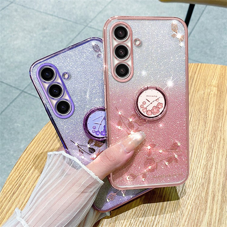 KADEM For Samsung Galaxy M52 5G Flower Pattern Back Cover Ring Kickstand Glitter Gradient TPU Phone Case - Rose Gold