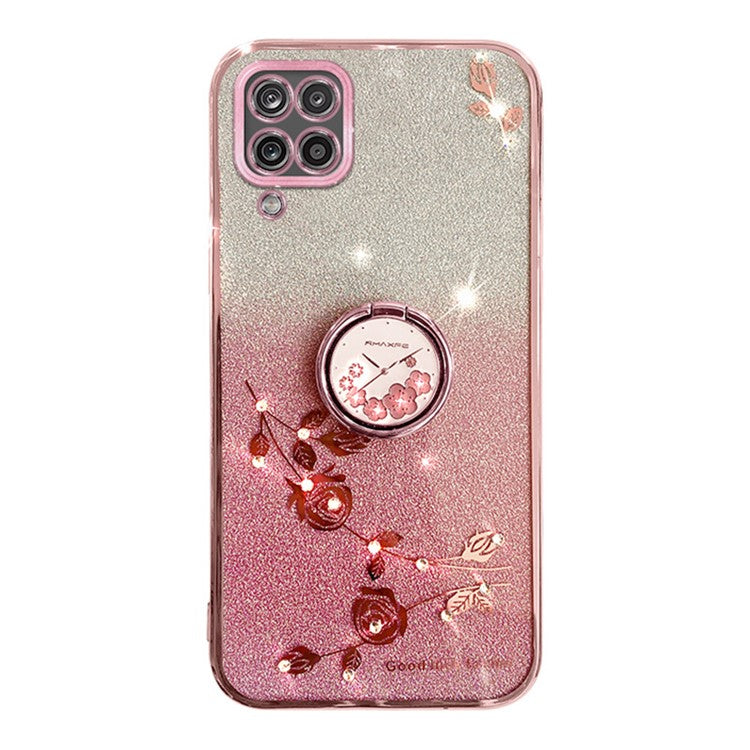 KADEM For Samsung Galaxy A12 Gradient Glitter Soft TPU Cover Flower Pattern Phone Case with Ring Kickstand - Rose Gold