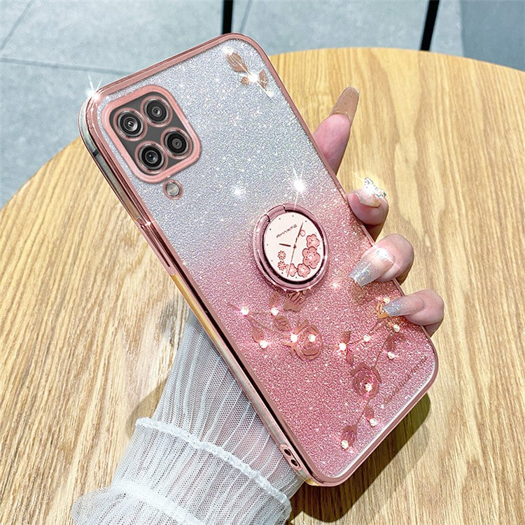 KADEM For Samsung Galaxy A12 Gradient Glitter Soft TPU Cover Flower Pattern Phone Case with Ring Kickstand - Rose Gold