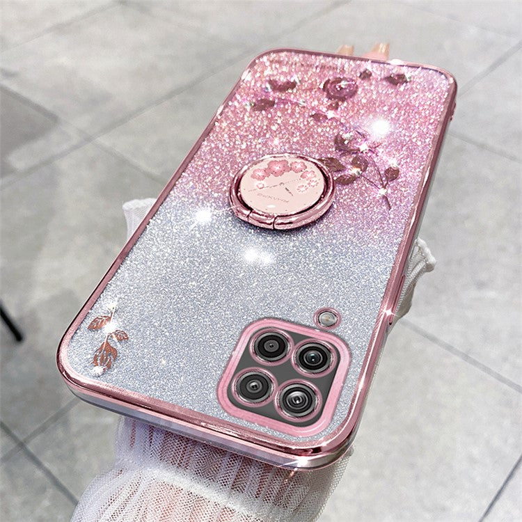 KADEM For Samsung Galaxy A12 Gradient Glitter Soft TPU Cover Flower Pattern Phone Case with Ring Kickstand - Rose Gold