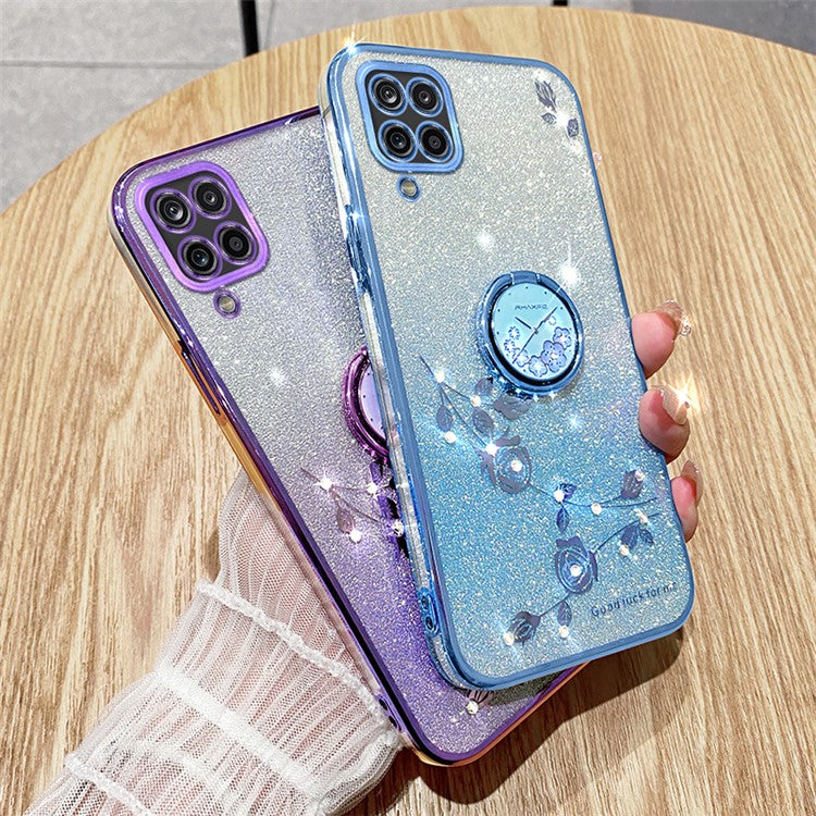 KADEM For Samsung Galaxy A12 Gradient Glitter Soft TPU Cover Flower Pattern Phone Case with Ring Kickstand - Rose Gold