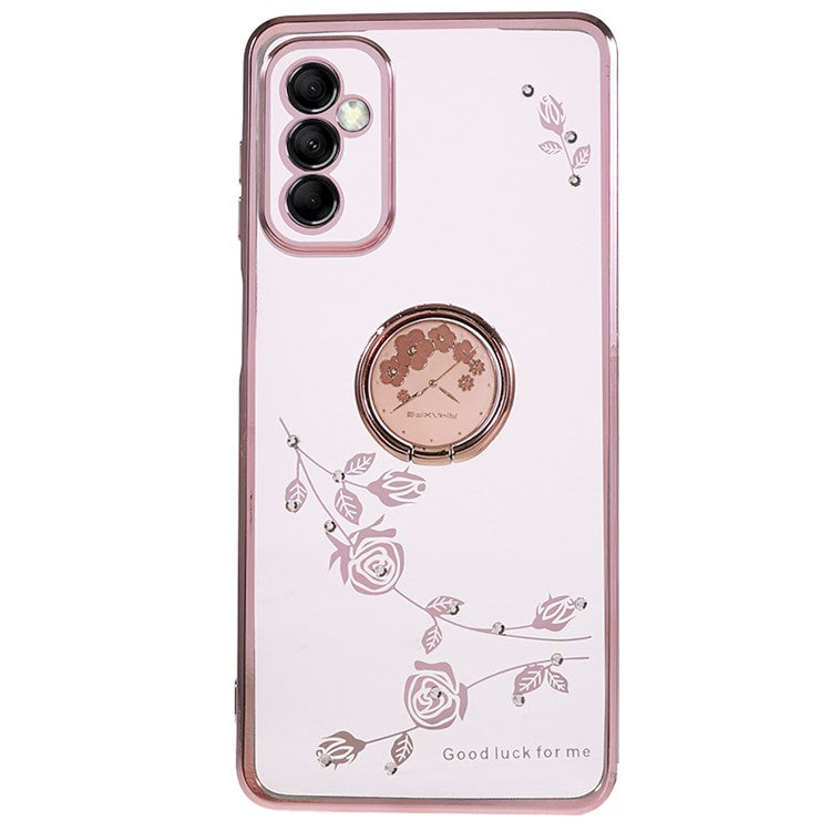 KADEM For Samsung Galaxy M52 5G Clear TPU Phone Case Electroplated Rhinestone Flower Cover with Ring Kickstand - Rose Gold