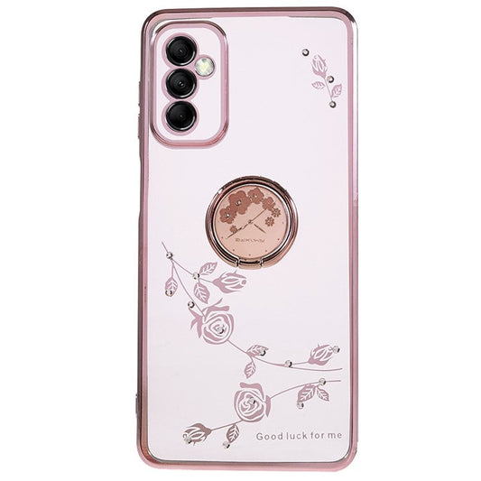 KADEM For Samsung Galaxy M52 5G Clear TPU Phone Case Electroplated Rhinestone Flower Cover with Ring Kickstand - Rose Gold