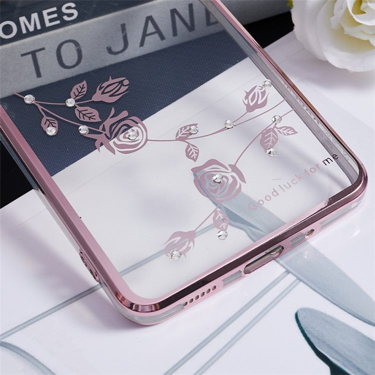 KADEM For Samsung Galaxy M52 5G Clear TPU Phone Case Electroplated Rhinestone Flower Cover with Ring Kickstand - Rose Gold