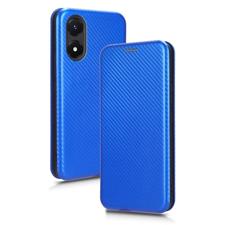 Carbon Fiber Texture Leather Case for vivo Y02s 4G , Stand Card Holder Phone Cover - Blue