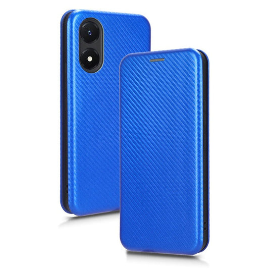 Carbon Fiber Texture Leather Case for vivo Y02s 4G , Stand Card Holder Phone Cover - Blue