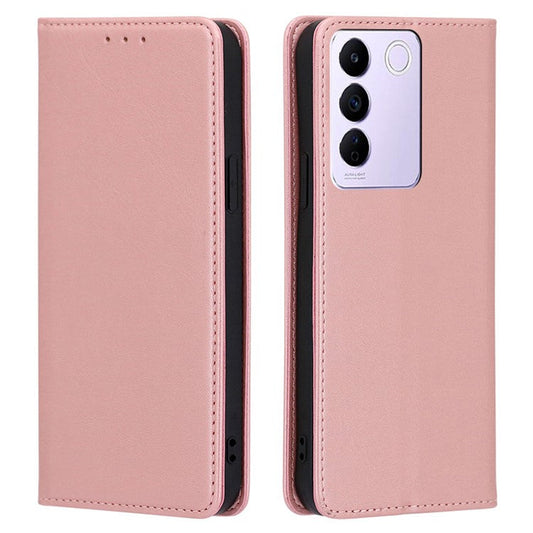 For vivo S16e 5G PU Leather Anti-drop Wallet Stand Phone Case Calf Texture Magnetic Closing Cover - Rose Gold